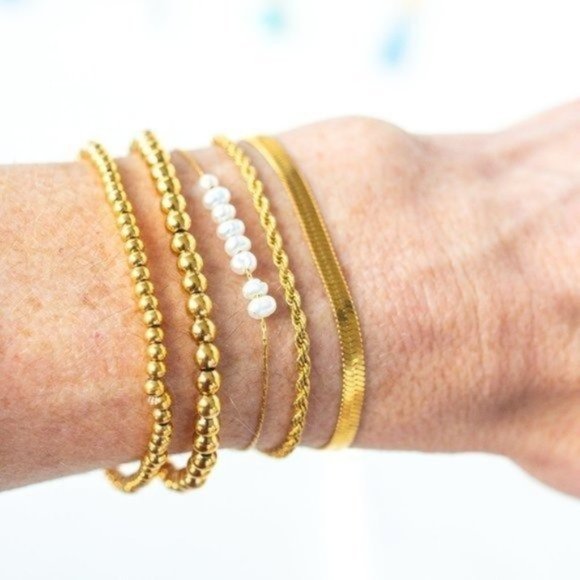 Set of 2! Waterproof Gold bead Bracelets Stretch Bracelets Stacking Bracelet - Picture 3 of 15